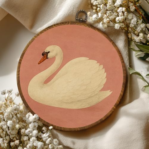LANBAIHE Vintage White Swan Wall Art Decor 10x10 Inch Framed - Dark Moody Gothic Decor, Aesthetic Circular Art for Home Living Room, Unique Gift for Swan Lover, Neutral Retro Artwork (Pink Swan6) - Image 4