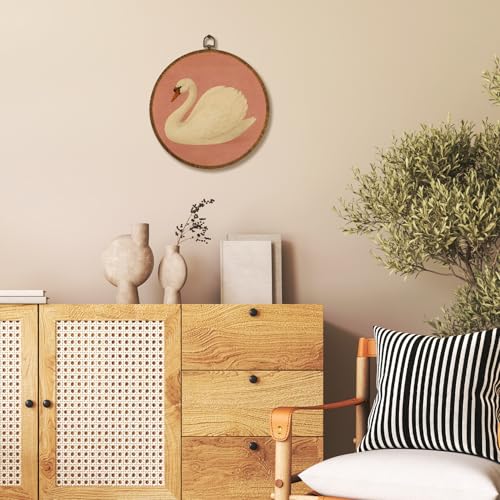 LANBAIHE Vintage White Swan Wall Art Decor 10x10 Inch Framed - Dark Moody Gothic Decor, Aesthetic Circular Art for Home Living Room, Unique Gift for Swan Lover, Neutral Retro Artwork (Pink Swan6) - Image 2