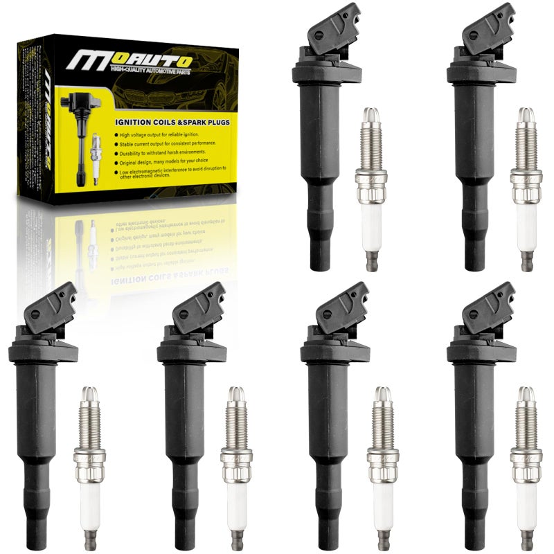 MOAUTO Set of 6 Ignition Coils Pack UF522 6 PCS Iridium Spark Plugs Compatible with BMW E60 E90 E92 E93 135i 335i 535i 30L L6