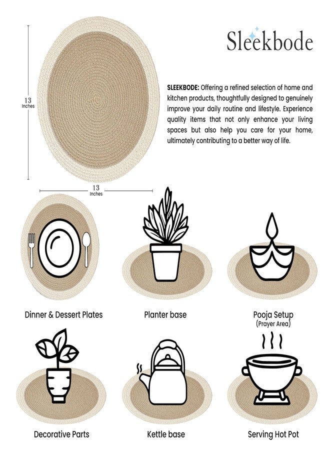 SLEEKBODE™ Placemat for Dining Table | Cotton Table Placemat Set of 2 Pieces | Bed Side Table Mat | Cotton Round Shape Placemat | Side Table Cover | Round Table Mat (Beige & Off-White) - Image 3