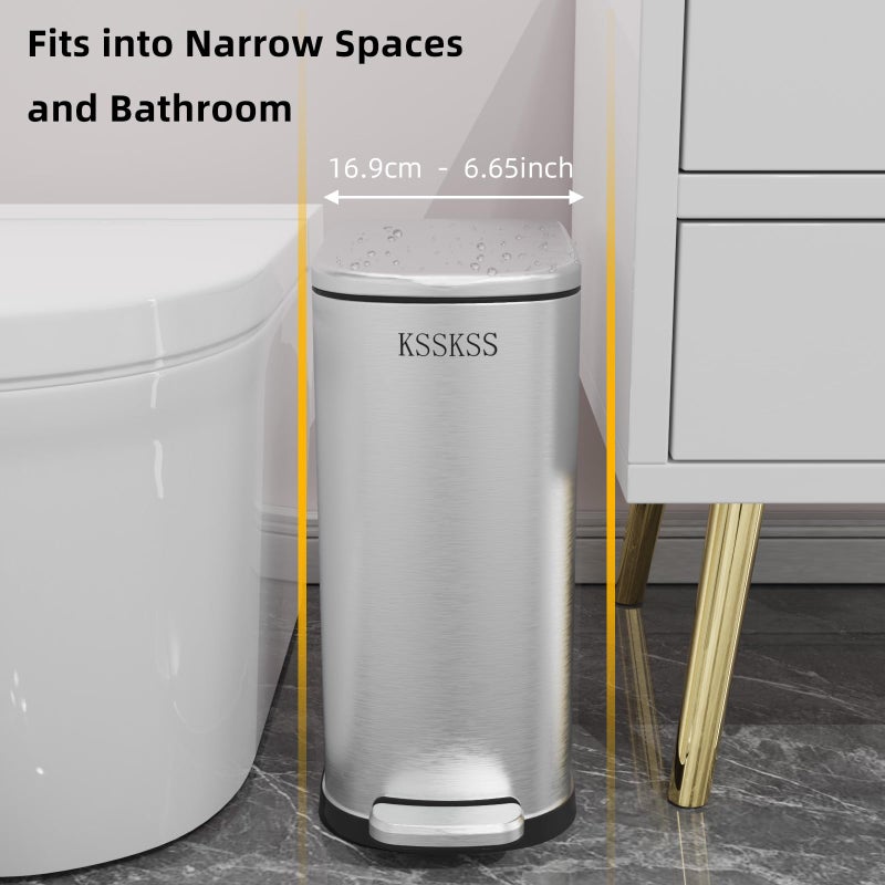 KSSKSS 2.6 Gallon Slim Bathroom Trash Can with Soft Close Lid, 10L Stainless Steel Garbage Can with Removable Liner Bucket, for Narrow Spaces,Bathroom, Bedroom (Silver) - Image 2