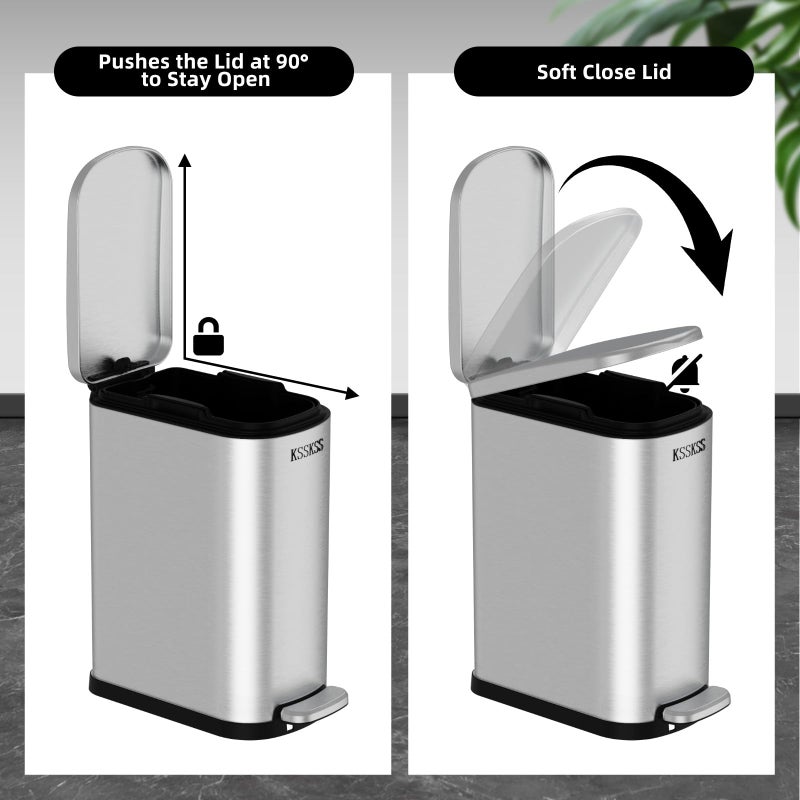 KSSKSS 2.6 Gallon Slim Bathroom Trash Can with Soft Close Lid, 10L Stainless Steel Garbage Can with Removable Liner Bucket, for Narrow Spaces,Bathroom, Bedroom (Silver) - Image 3