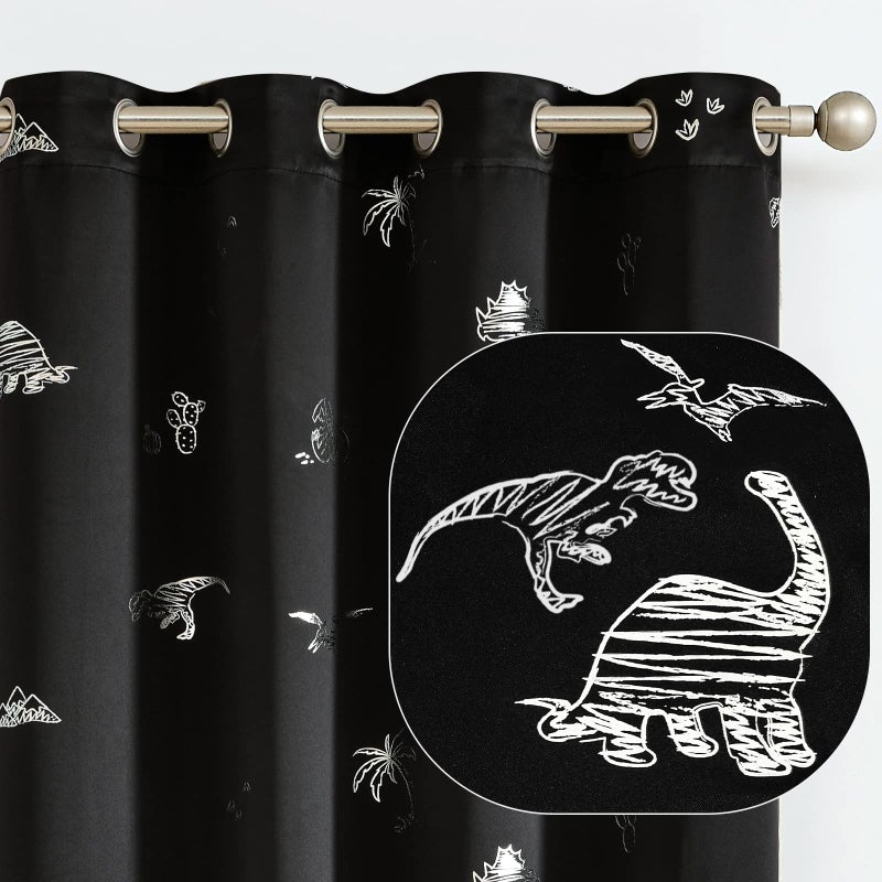 Vangao Vangao Kids Curtains Black Blackout Dinosaur Curtains for Boys Kids Nursery Girls Room Silver Dino Foil Print Thermal Insulated Drapes Grommet Top Window Treatments 63 Inches Length 2 Panels 
