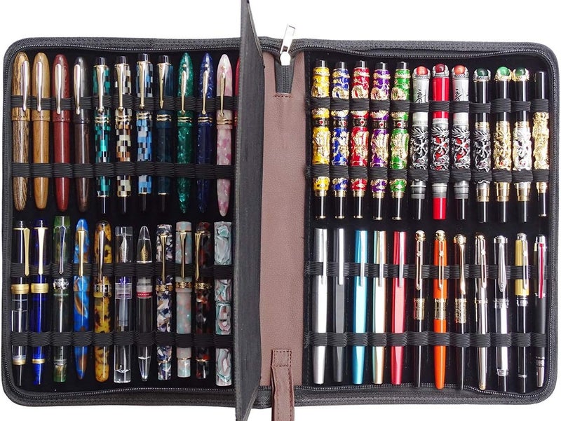 erofa 48 Fountain Pen Case, Rollerball Pen Holder PU Leather Bag Pouch Large Capacity for Your Collection - Brown - Image 5