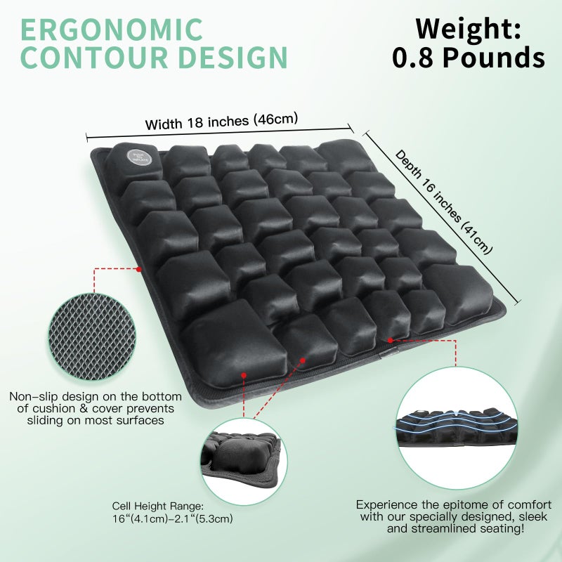 ANMSVI 3D Air Inflatable Seat Cushion for Wheelchair & Office Chair - Adjustable Firmness Pad for Sciatica, Tailbone & Lower Back Pain Relief - Breathable, Anti-Slip, Washable Cover (18x16) - Image 2
