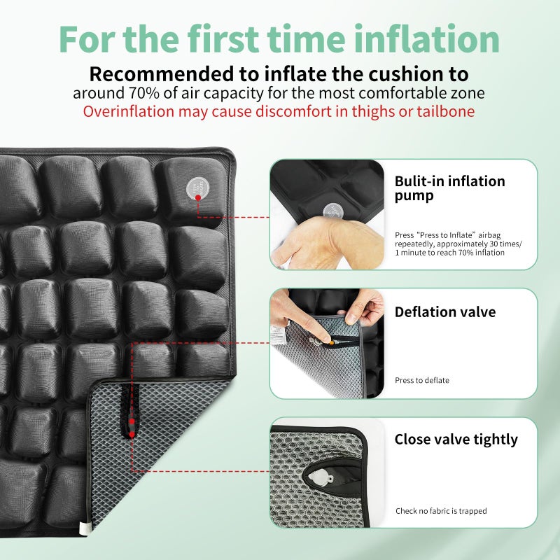 ANMSVI 3D Air Inflatable Seat Cushion for Wheelchair & Office Chair - Adjustable Firmness Pad for Sciatica, Tailbone & Lower Back Pain Relief - Breathable, Anti-Slip, Washable Cover (18x16) - Image 3