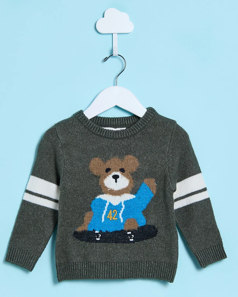 Redtag Infant Boys Green Bear Trim Sweater