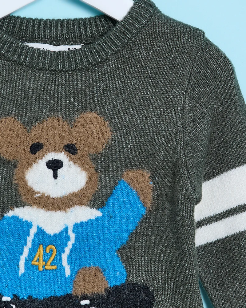 Redtag Infant Boys Green Bear Trim Sweater