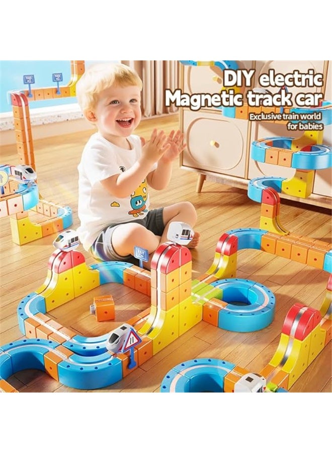 175Pcs Magnetic Train Set, 3D Ocean Theme Flexible Magnetic Race Track Building Toys for Toddlers with Electric Train, DIY Flexible Track Fusion Train Routes with Mix-and-Match Stem Cubes, Best Birthday Party Gift (175Pcs) - Image 2