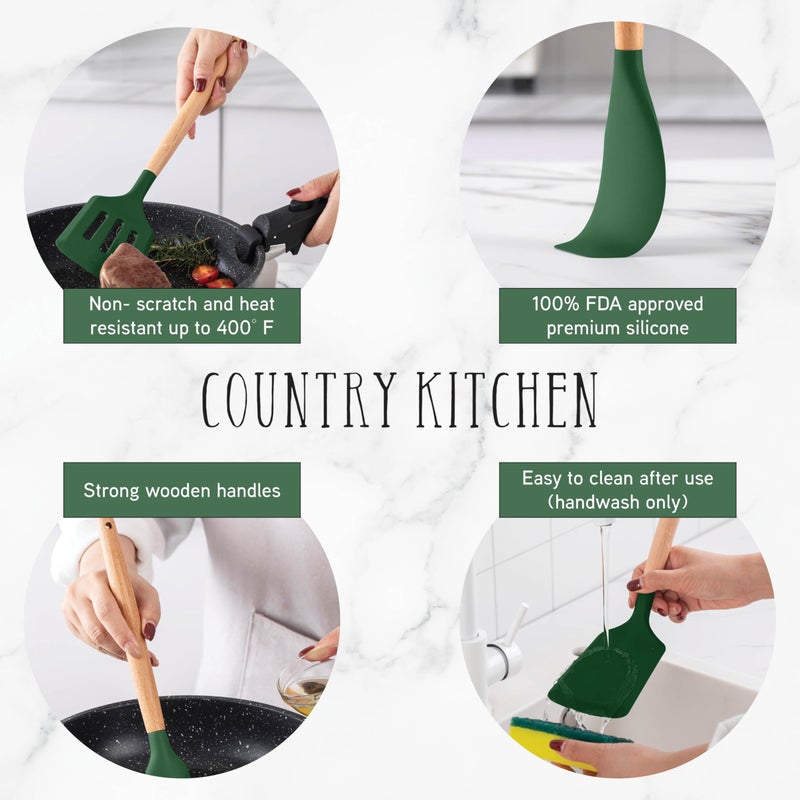 Country Kitchen Non Stick Silicone Utensil Set with Rounded Wood Handles for Cooking and Baking, 14 Piece Set, Green - Image 4