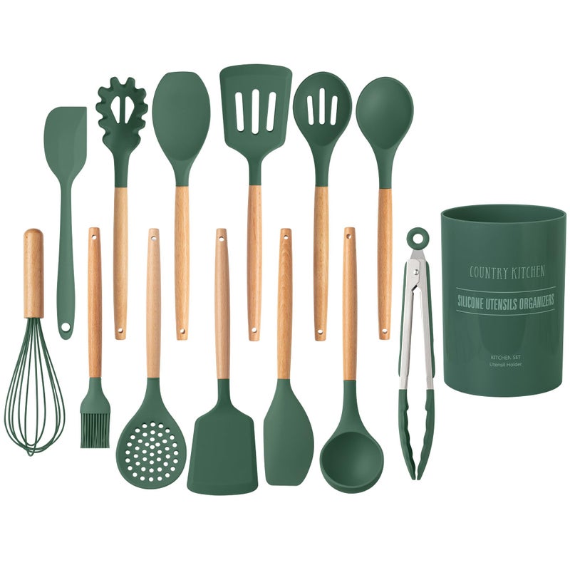 Country Kitchen Non Stick Silicone Utensil Set with Rounded Wood Handles for Cooking and Baking, 14 Piece Set, Green - Image 1