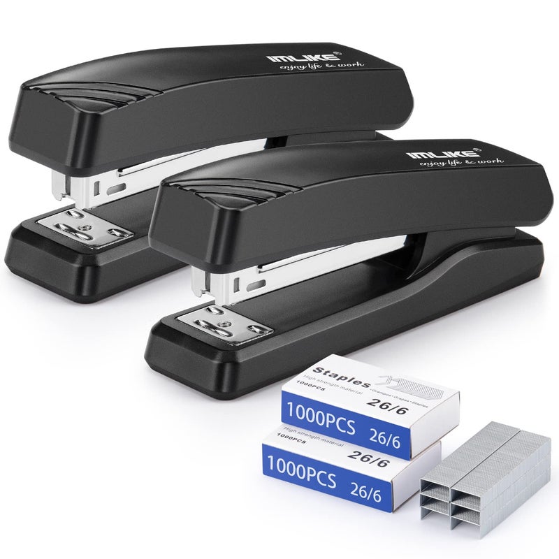 IMLIKE Desktop Office Stapler with 2000 Staples: IMLIKE Half Strip Desk Staplers, take 26/6 Staples 25 Sheets Capacity, Metal Construction, Non-Slip Base, Black, 2-Pack - Image 1