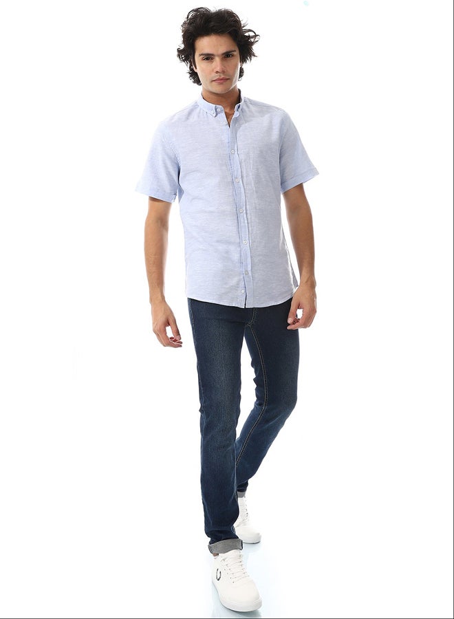 Andora Solid Linen Short Sleeve Oxford Shirt _ Sky Blue - Image 1