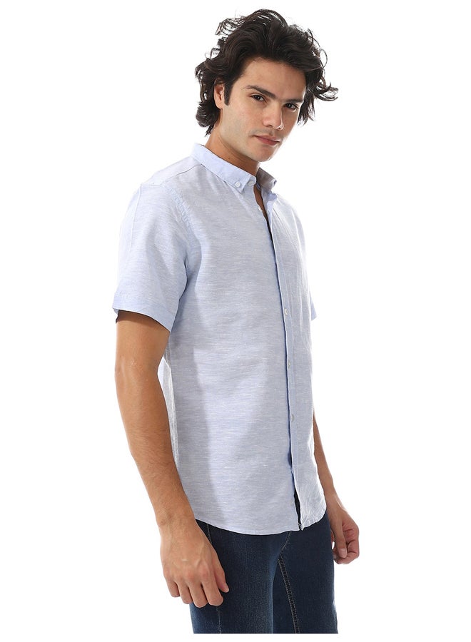 Andora Solid Linen Short Sleeve Oxford Shirt _ Sky Blue - Image 5