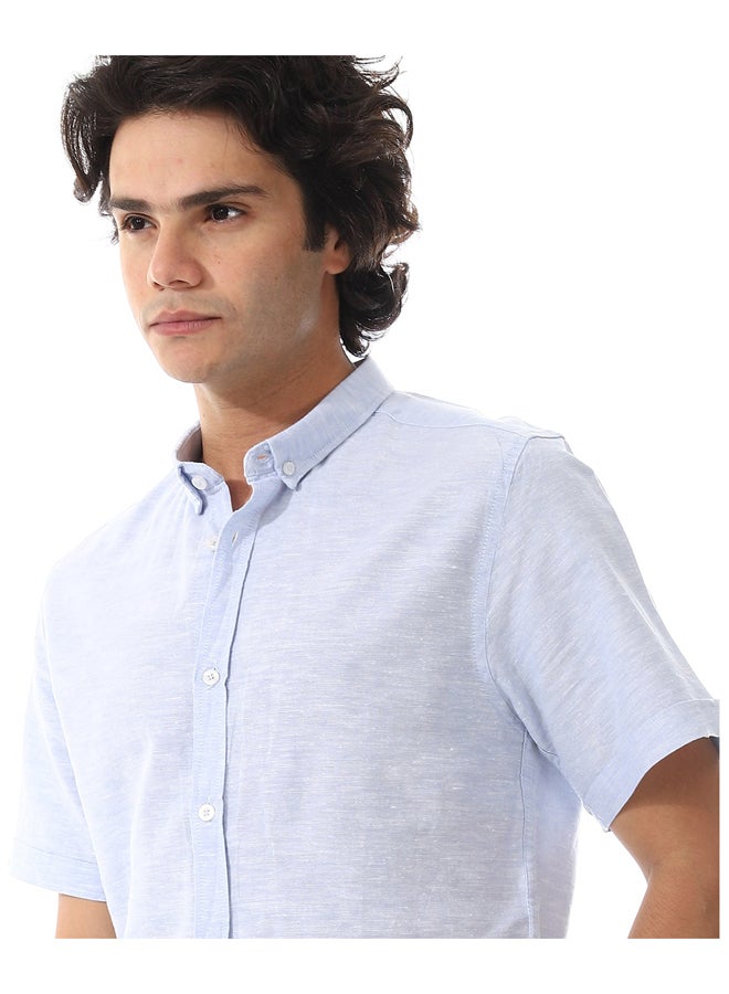 Andora Solid Linen Short Sleeve Oxford Shirt _ Sky Blue - Image 4