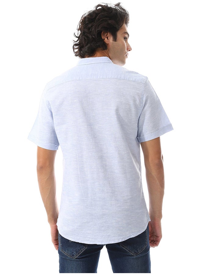 Andora Solid Linen Short Sleeve Oxford Shirt _ Sky Blue - Image 3