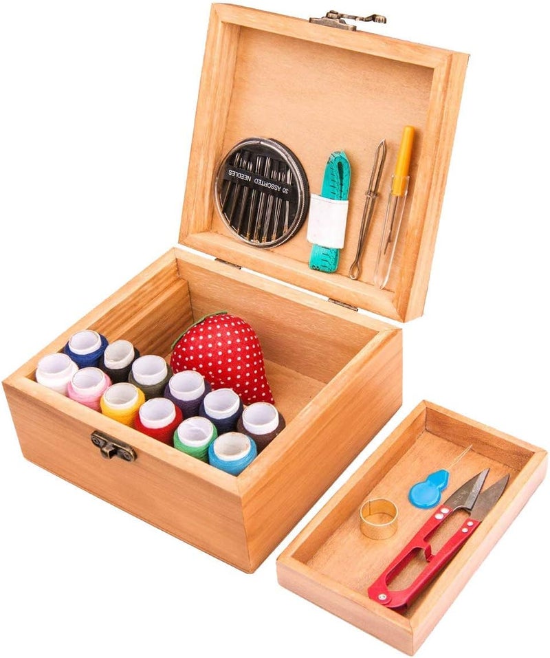 BTU Sewing Kit, Wooden Sewing Kit Box for Adults, Wooden Sewing Basket with Accessories, Home Sewing Basket Stitching Repair Kit for Beginner, Women, Men (Brown) - Image 4