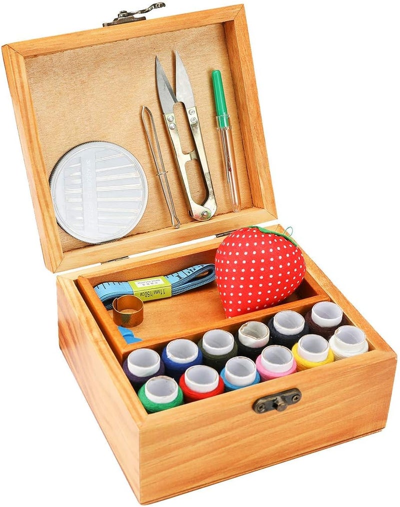 BTU Sewing Kit, Wooden Sewing Kit Box for Adults, Wooden Sewing Basket with Accessories, Home Sewing Basket Stitching Repair Kit for Beginner, Women, Men (Brown) - Image 3
