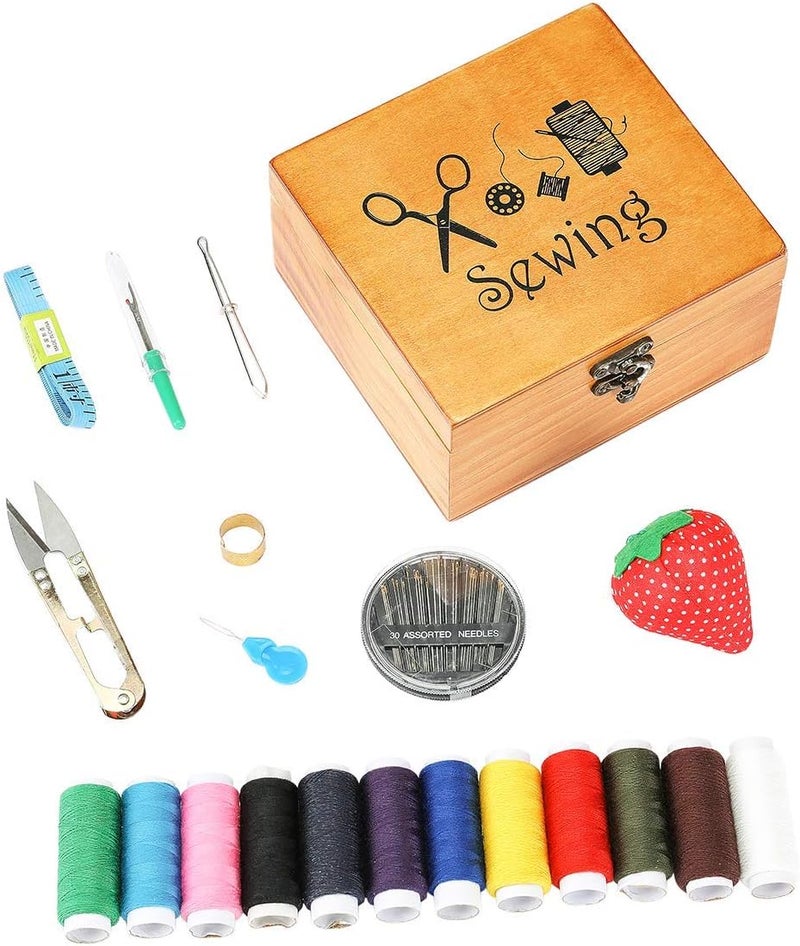 BTU Sewing Kit, Wooden Sewing Kit Box for Adults, Wooden Sewing Basket with Accessories, Home Sewing Basket Stitching Repair Kit for Beginner, Women, Men (Brown) - Image 5