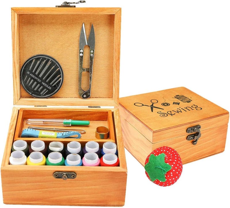 BTU Sewing Kit, Wooden Sewing Kit Box for Adults, Wooden Sewing Basket with Accessories, Home Sewing Basket Stitching Repair Kit for Beginner, Women, Men (Brown) - Image 1