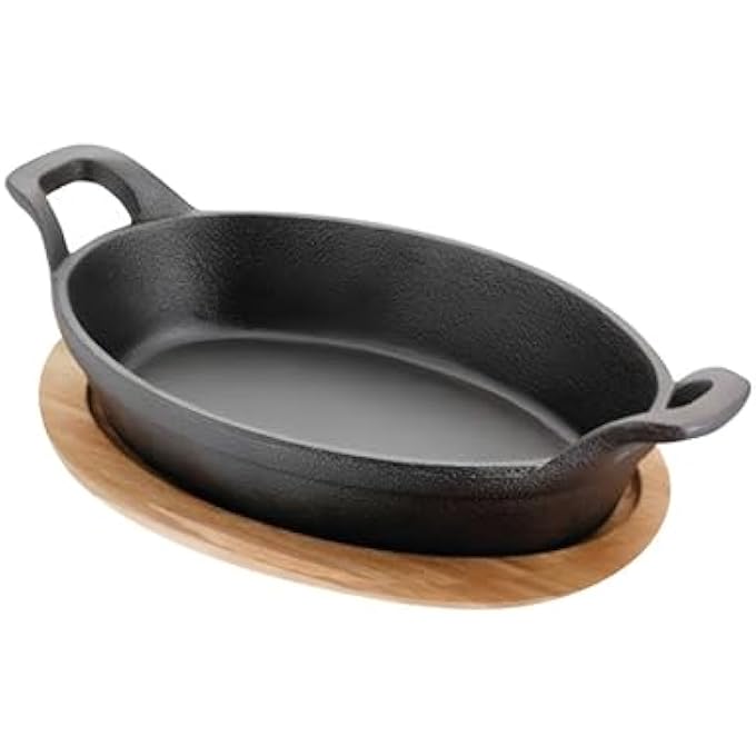 BLACKSTONE Cast Iron Mini Oval Skillet With Wooden Sizzler Plate 18Cm  Ideal For Sizzling Grilling And Serving Bc14159 - Image 1