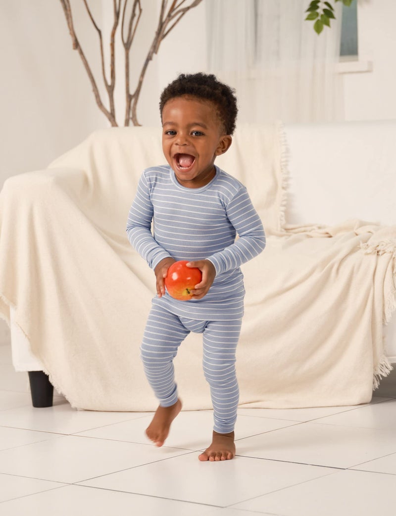 AVAUMA Stripe Pattern Newborn Baby Little Boys Girls Snug-Fit Pajamas Long sleeve Sets Pjs Kids Clothes (L/Dark Blue) - Image 2