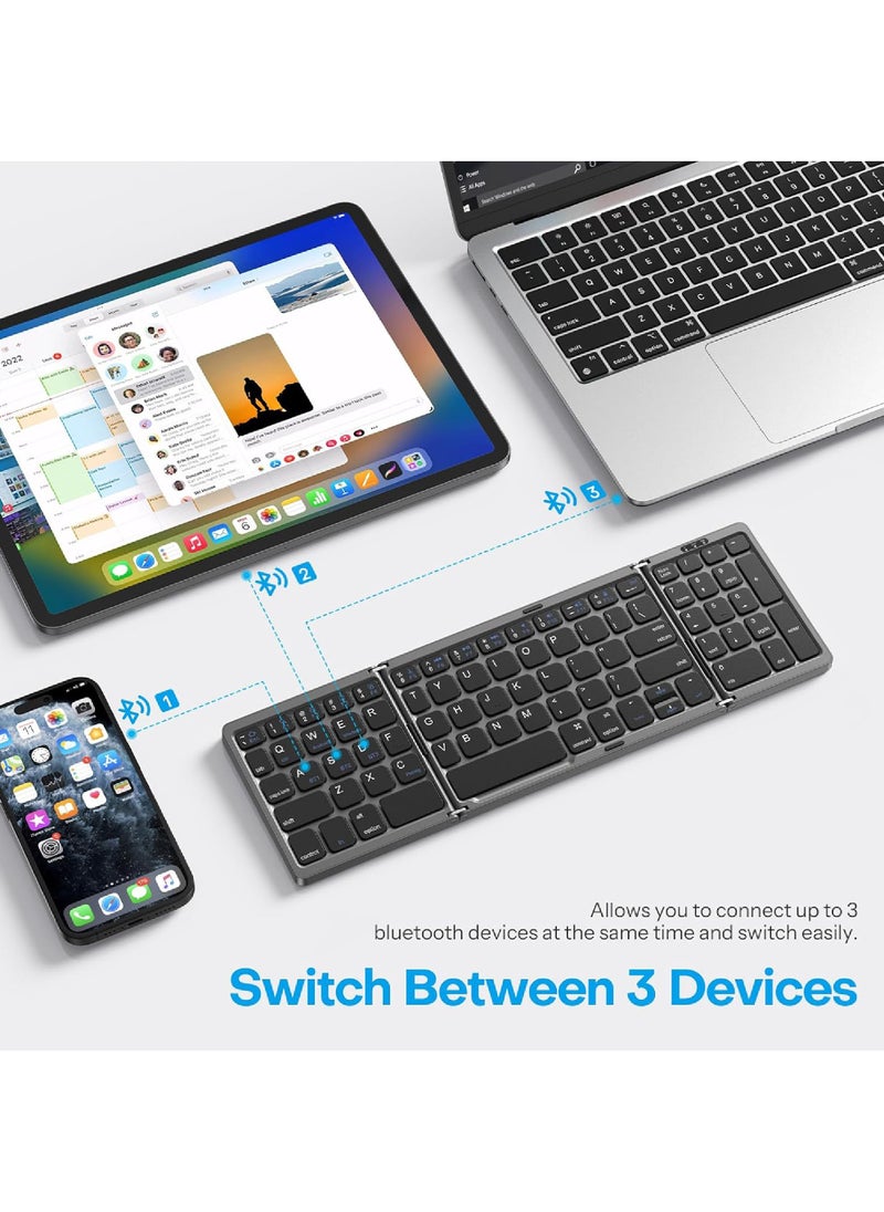 Rock Pow Foldable Bluetooth Keyboard Folding Wireless Keyboard with Number Pad Multi-Device and Rechargeable Keyboard for iPad iPhone Android Windows Laptop Desktop Tablet and PC  - Image 3