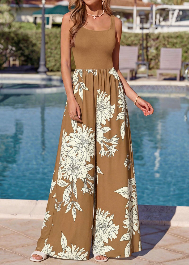 KIRUNDO Jumpsuits for Women Dressy 2026 Summer One Piece Sleeveless Boho Floral Wide Leg Romper Beach Vacation Cruise Outfits(Khaki, Small) - Image 4