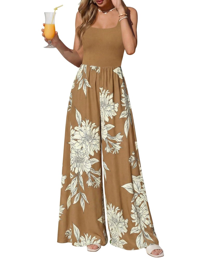KIRUNDO Jumpsuits for Women Dressy 2026 Summer One Piece Sleeveless Boho Floral Wide Leg Romper Beach Vacation Cruise Outfits(Khaki, Small) - Image 1