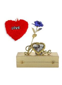 INTERNATIONAL GIFT INTERNATIONAL GIFT Blue Rose and Photo Frame Stand with Golden Velvet Box and Heart Shape Red PillowCushions 25 cm 