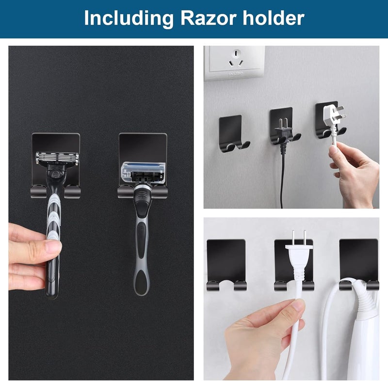Diesisa Razor Holder 304 Stainless Steel for Shower + Adhesive Sticky Heavy Duty Waterproof Wall Hooks, Premium for Hanging Towels, Coat, hat (2+2 Pack) - Black - Image 3