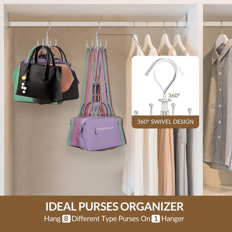 ZEDODIER 2 Pack Purse Hanger Organizer for Closet, Rotatable Sturdy Purses Holder Holds 16 Bags, Metal Space Saving Closet Organizers and Storage, Silver - Image 3
