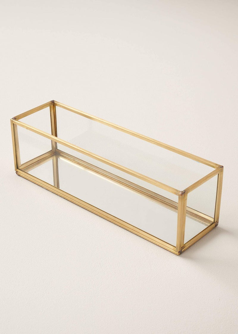 ARTINCO Art India Collections Decorative Jewelry Display Tray 8x2.5x3, Diwali Gifting Mirror, Brass and Glass Standing Trinket Tray - Image 2