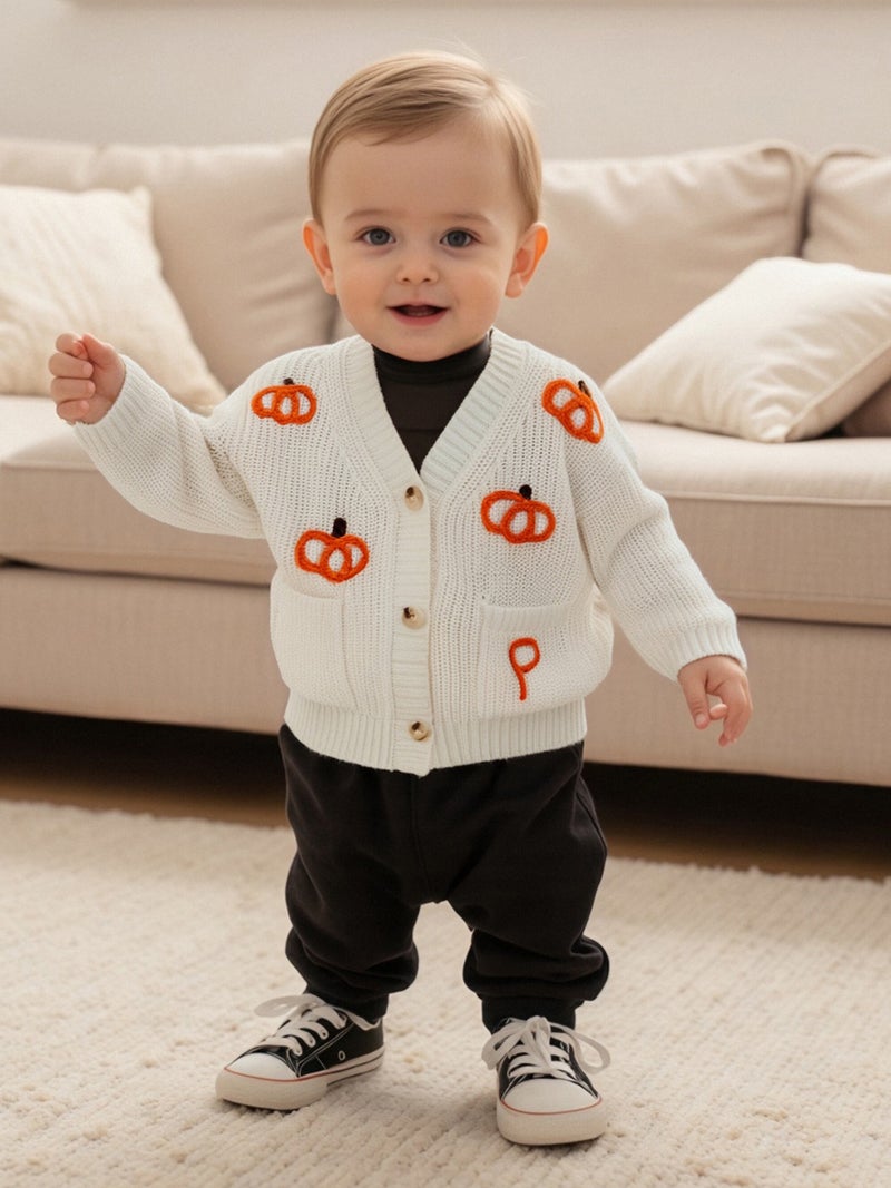 Toddler Baby Girl Halloween Cardigan Sweater Pumpkin Embroidery Ribbed Button Down V Neck Long Sleeve Knitted Tops for Fall - Image 4