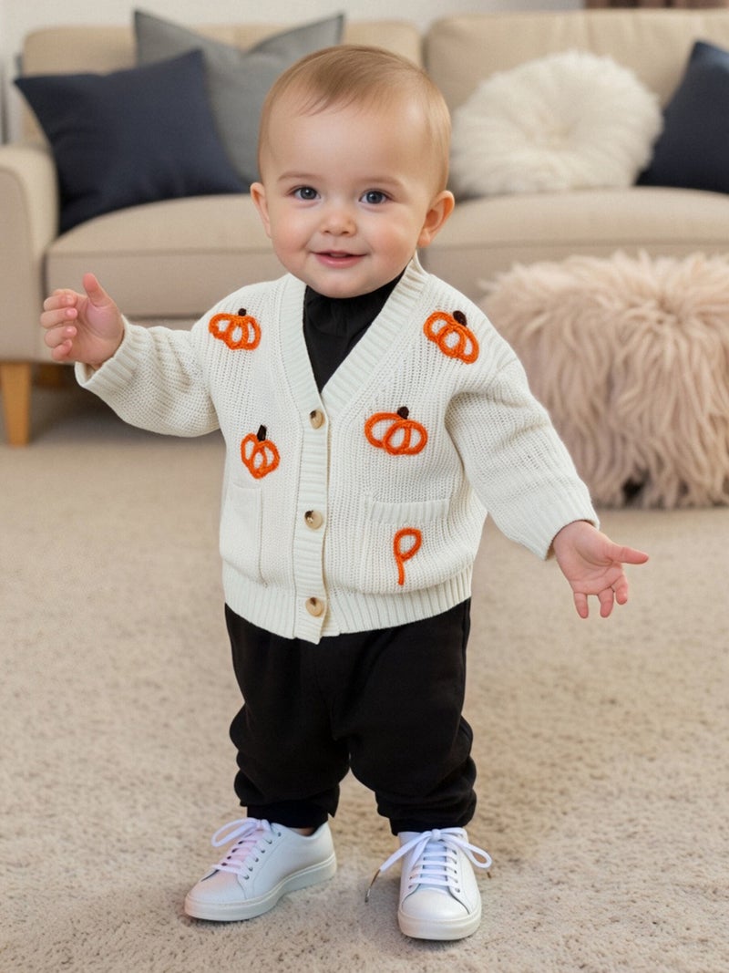 Toddler Baby Girl Halloween Cardigan Sweater Pumpkin Embroidery Ribbed Button Down V Neck Long Sleeve Knitted Tops for Fall - Image 1