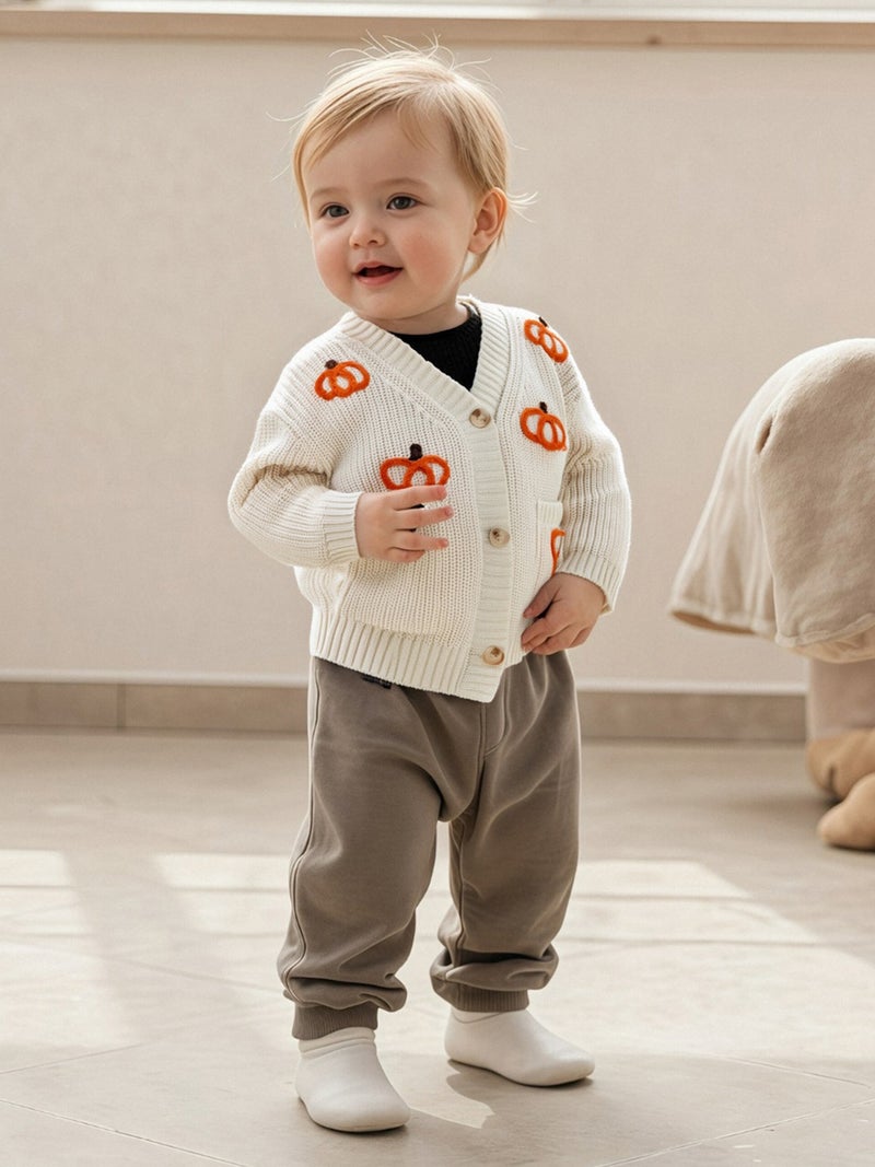 Toddler Baby Girl Halloween Cardigan Sweater Pumpkin Embroidery Ribbed Button Down V Neck Long Sleeve Knitted Tops for Fall - Image 3