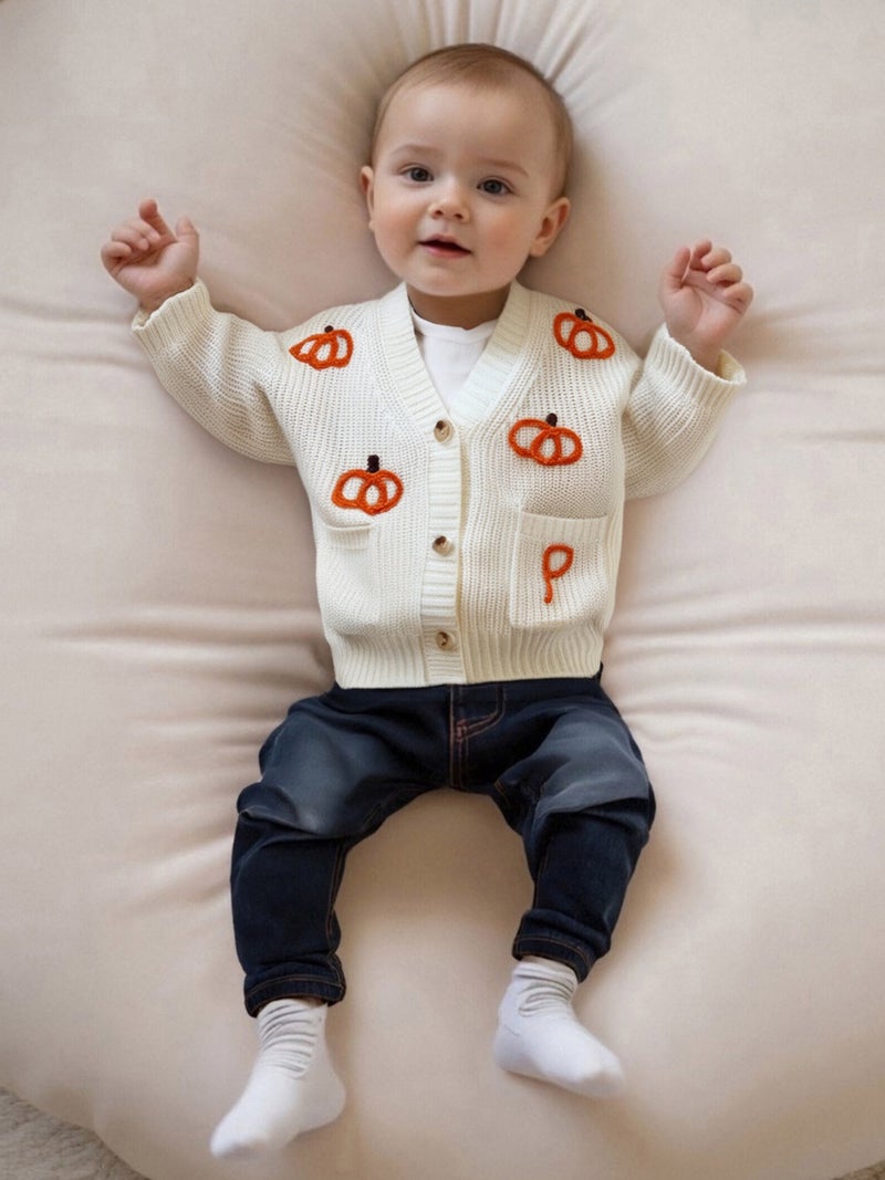 Toddler Baby Girl Halloween Cardigan Sweater Pumpkin Embroidery Ribbed Button Down V Neck Long Sleeve Knitted Tops for Fall - Image 2