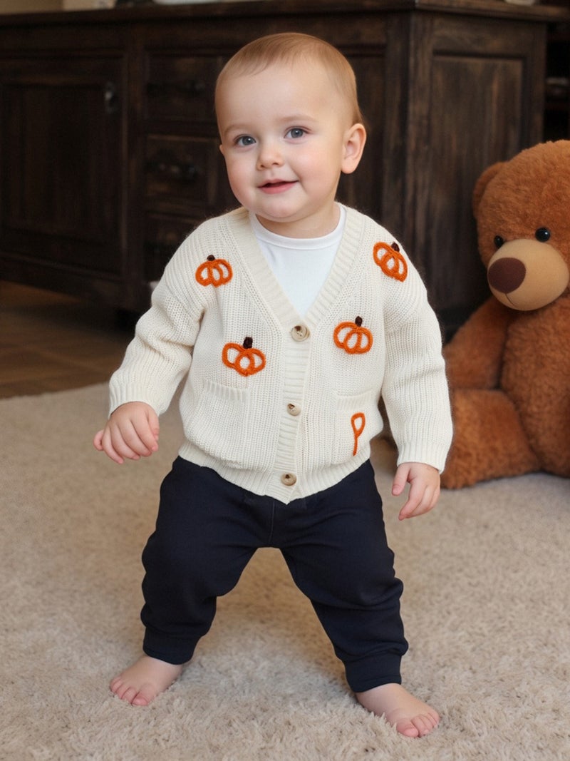 Toddler Baby Girl Halloween Cardigan Sweater Pumpkin Embroidery Ribbed Button Down V Neck Long Sleeve Knitted Tops for Fall - Image 5