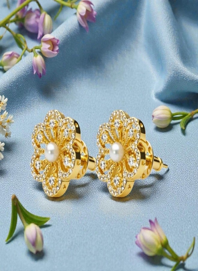ACCESSHER Women's & Girls Gold-Tone Sparkling Faux Pearl Flower Petal Stud Earrings Fancy Tops Stud Earrings, Latest Fashion Jewellery Gift for Birthday & Anniversary - Image 4