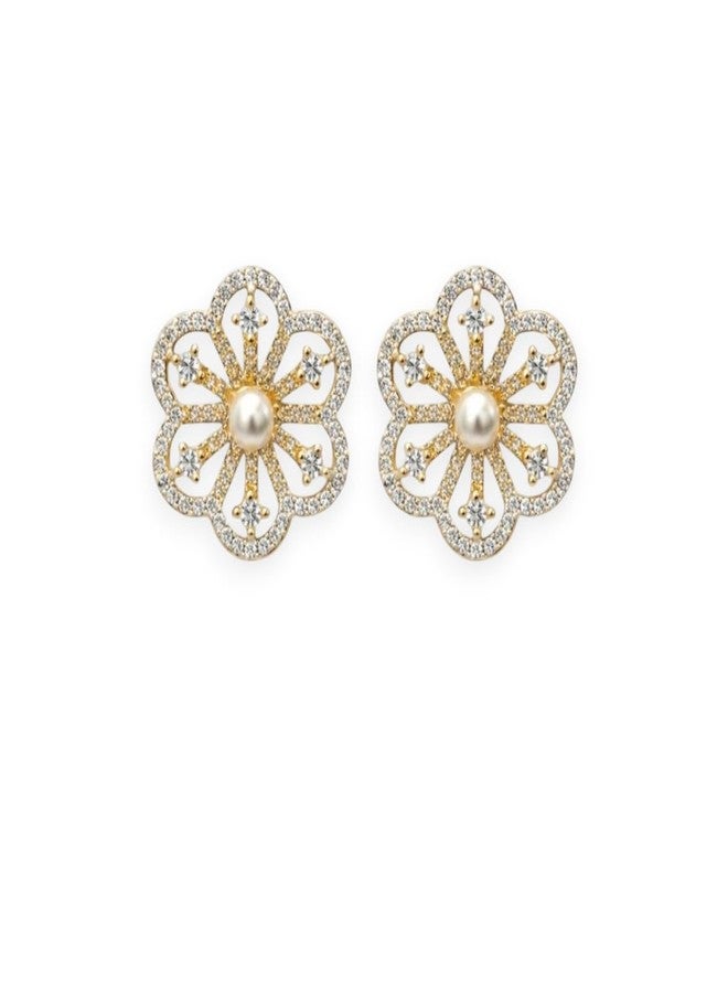 ACCESSHER Women's & Girls Gold-Tone Sparkling Faux Pearl Flower Petal Stud Earrings Fancy Tops Stud Earrings, Latest Fashion Jewellery Gift for Birthday & Anniversary - Image 1