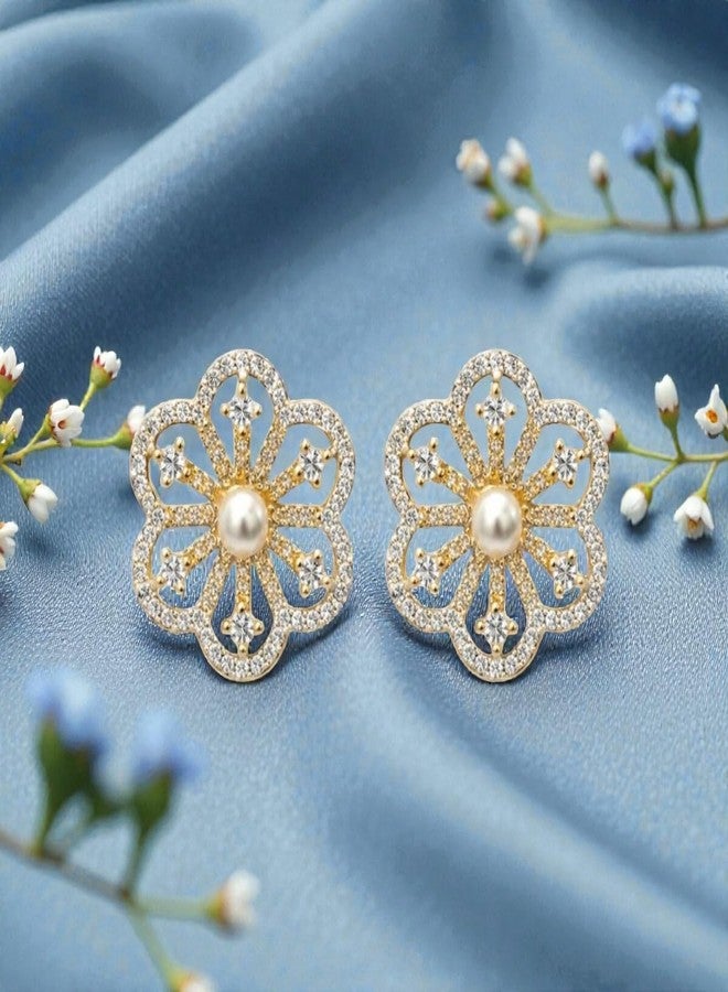 ACCESSHER Women's & Girls Gold-Tone Sparkling Faux Pearl Flower Petal Stud Earrings Fancy Tops Stud Earrings, Latest Fashion Jewellery Gift for Birthday & Anniversary - Image 3