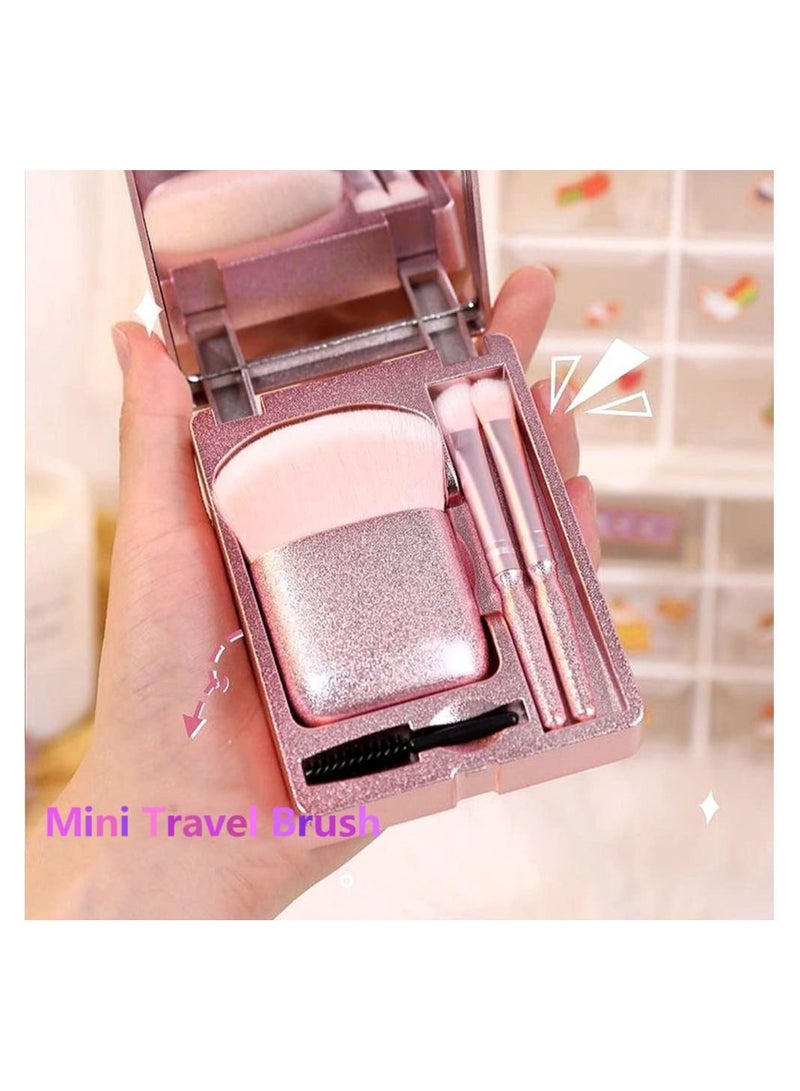 KASTWAVE مجموعة فرش مكياج سهلة الاستخدام باللون الوردي اللامع مع مرآة، 4 قطع من فرش التجميل الصغيرة كاملة الوظائف، أداة مكياج فرشاة الأساس مريحة للخروج للمكياج اليومي - Image 5