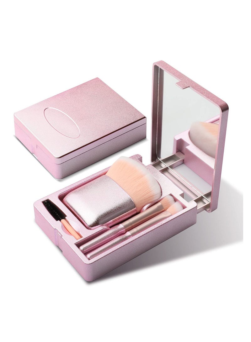 KASTWAVE مجموعة فرش مكياج سهلة الاستخدام باللون الوردي اللامع مع مرآة، 4 قطع من فرش التجميل الصغيرة كاملة الوظائف، أداة مكياج فرشاة الأساس مريحة للخروج للمكياج اليومي - Image 1