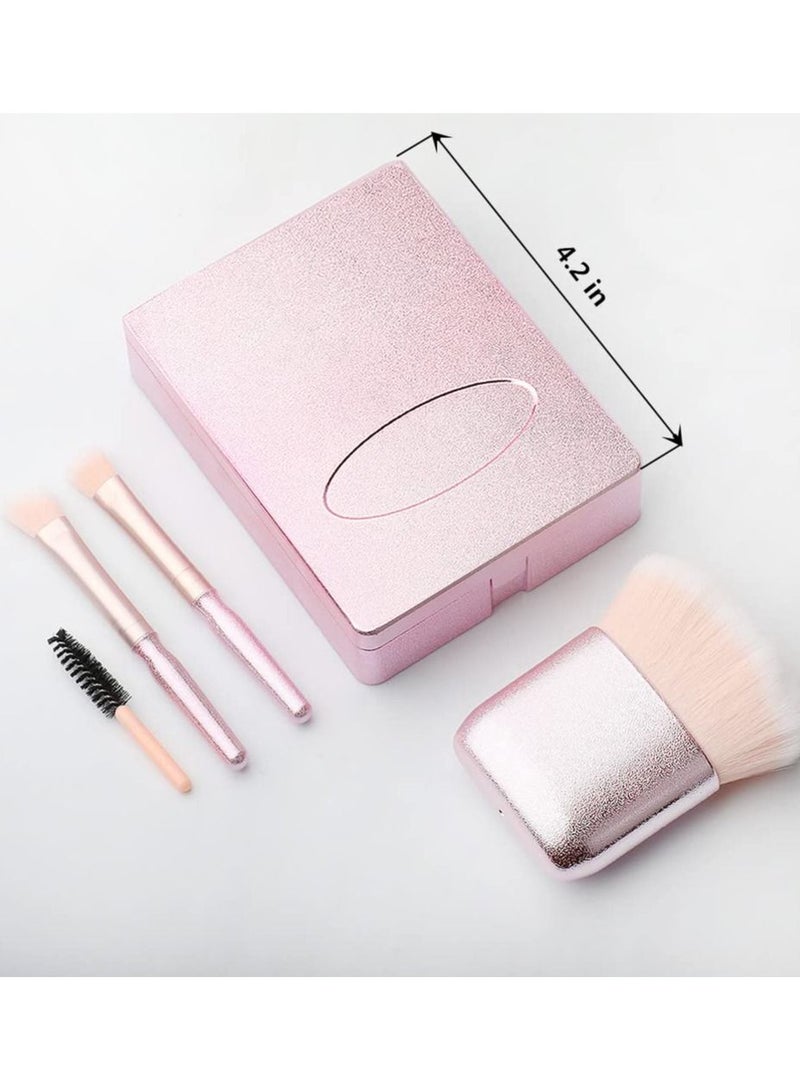 KASTWAVE مجموعة فرش مكياج سهلة الاستخدام باللون الوردي اللامع مع مرآة، 4 قطع من فرش التجميل الصغيرة كاملة الوظائف، أداة مكياج فرشاة الأساس مريحة للخروج للمكياج اليومي - Image 2