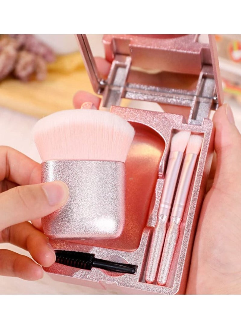 KASTWAVE مجموعة فرش مكياج سهلة الاستخدام باللون الوردي اللامع مع مرآة، 4 قطع من فرش التجميل الصغيرة كاملة الوظائف، أداة مكياج فرشاة الأساس مريحة للخروج للمكياج اليومي - Image 4