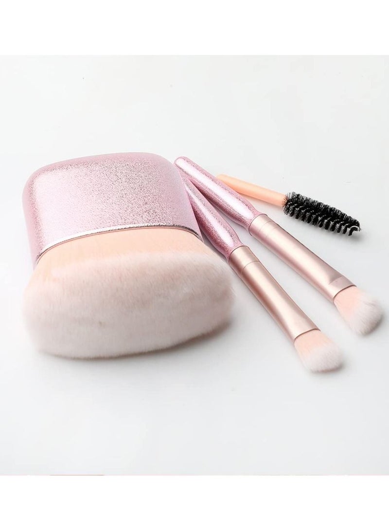 KASTWAVE مجموعة فرش مكياج سهلة الاستخدام باللون الوردي اللامع مع مرآة، 4 قطع من فرش التجميل الصغيرة كاملة الوظائف، أداة مكياج فرشاة الأساس مريحة للخروج للمكياج اليومي - Image 3