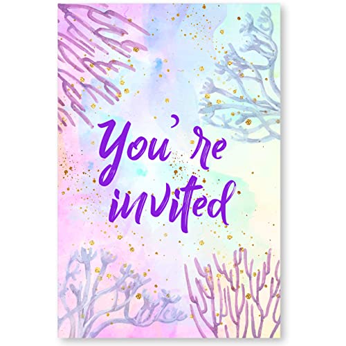 Soiceu Cute Under the Sea Mermaid Birthday Party Invitations with Envelopes Set of 20 Purple Pink Girl Birthday Party Invites - Image 2