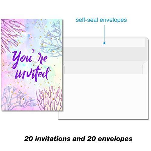 Soiceu Cute Under the Sea Mermaid Birthday Party Invitations with Envelopes Set of 20 Purple Pink Girl Birthday Party Invites - Image 3