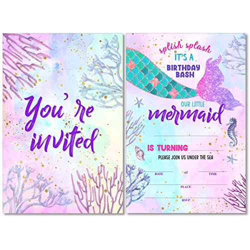 Soiceu Cute Under the Sea Mermaid Birthday Party Invitations with Envelopes Set of 20 Purple Pink Girl Birthday Party Invites - Image 1