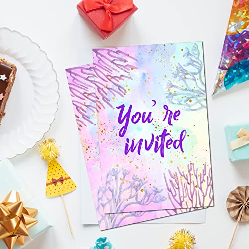 Soiceu Cute Under the Sea Mermaid Birthday Party Invitations with Envelopes Set of 20 Purple Pink Girl Birthday Party Invites - Image 5